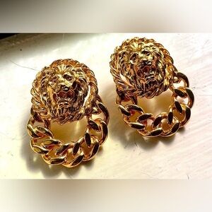 Vintage Anne Klein Gold-Tone Lion Head Earrings w/ Chain Dangle –Statement 1980s